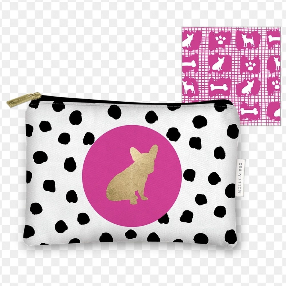 MOLLY & REX FRENCHIE DOG WRISTLET MAKEUP BAG GRAPHIC PINK GOLD BLACK & WHITE